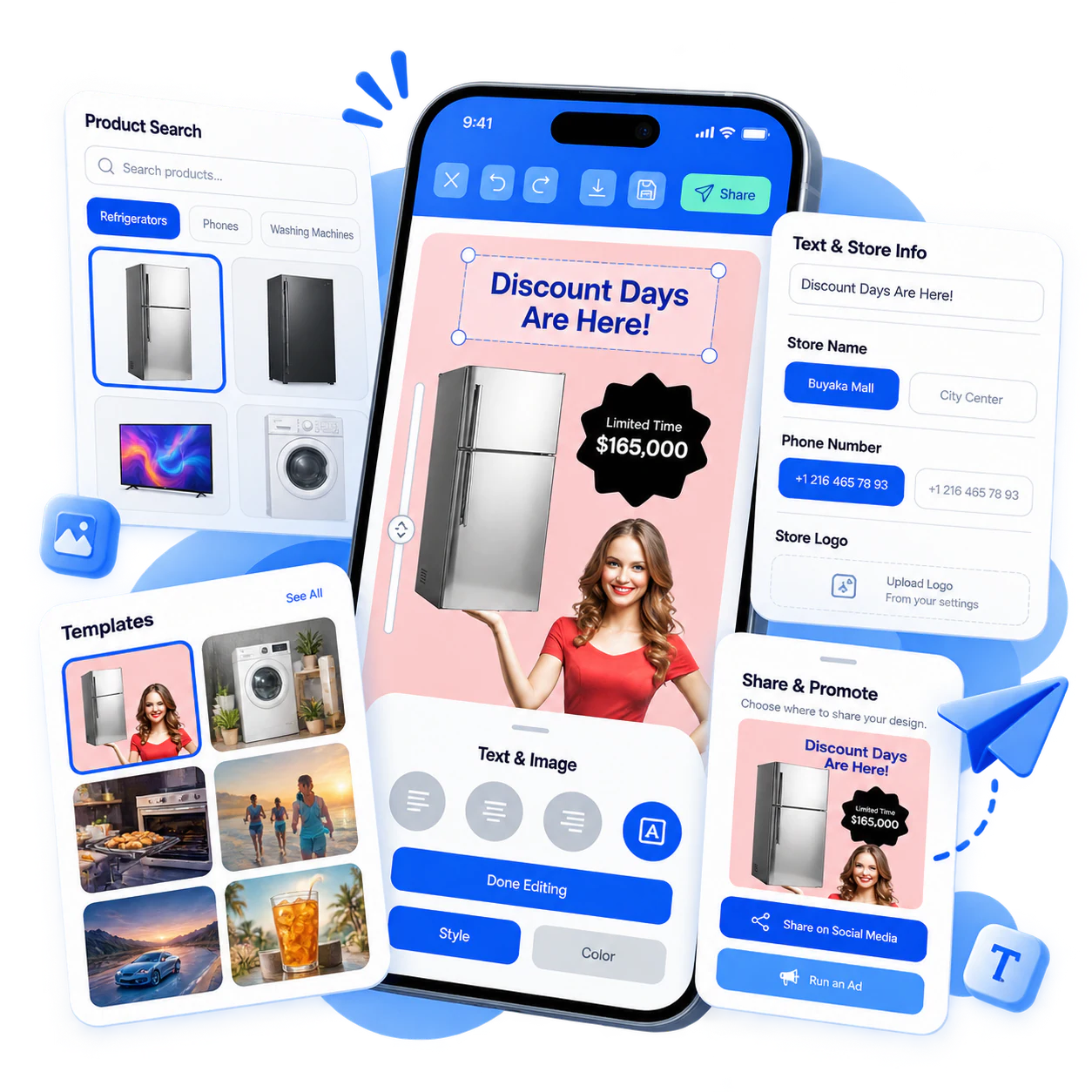 AI Editor: product search, templates, store info and share options around a mobile ad editor