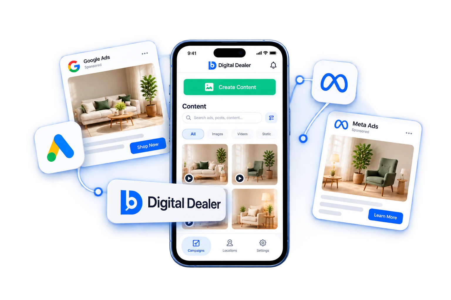 Digital Dealer app distributing content to Google and Meta ads