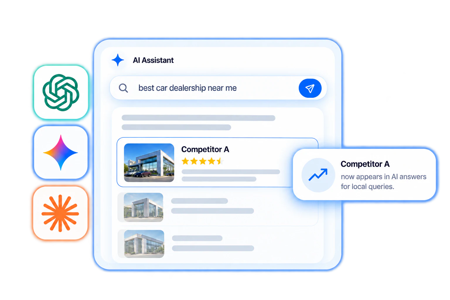 AI assistant answer for a local query showing Competitor A now appearing in AI answers